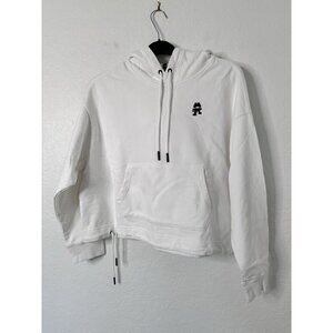 Monstercat Womens Pull Over Drawstring Crop White Hoodie Kangaroo Pockets Sz XL